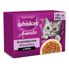 WHISKAS Adult Aromatic Mix maišeliai 12x85 g pilnavertis šlapias maistas suaugusiems katėms, padaže su gabaliukais: glazūruota kiauliena ir morkos, sultinga vištiena, jūros žuvies gabaliukai sultinyje, švelnus lašišas ir žirniai.