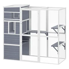 Lauko voljeras katėms 191x83x178 cm, medinis, su nameliu, 3 platformomis ir stogu, 3–4 katėms iki 10 kg, pilkas