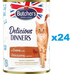 BUTCHER'S Delicious Dinners, ėdalas katėms, gabalėliai su elniena drebučiuose 24 x 400g