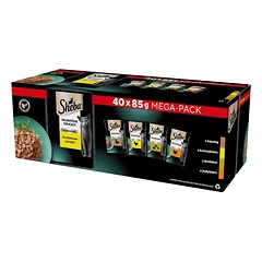SHEBA Delicacy paukštienos skonių paketėliai želė, 4 x 40 x 85 g, visavertis šlapias pašaras suaugusioms katėms – gabalėliai su antiena, vištiena, paukštiena ir kalakutiena, 3+1 GRATIS.