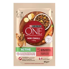 PURINA ONE Mini Small Active Beef 85g su jautiena ir bulvėmis padaže, drėgnas maistas mažiems šunims