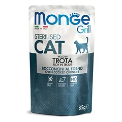 Monge Grill Sterilised konservuotas pašaras sterilizuotoms katėms su upėtakiu 85g