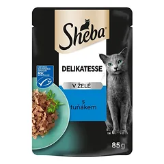 SHEBA Delicacy maišeliai 85g drėgnas visavertis maistas suaugusiems katėms gabaliukai su tunu želė