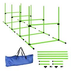 Agility rinkinys šunims iš 4 reguliuojamo aukščio kliūčių, su nešimo krepšiu, 99x65x94 cm, žalias