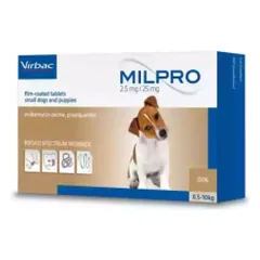Virbac Milpro 2,5mg/25 mg plėvele dengtos tabletės šunims 0,5-10 kg nuo kirminų, N2