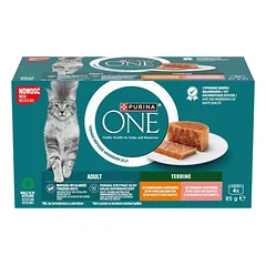 PURINA ONE Adult Terrine 4x85g su vištiena ir morkomis bei su lašiša ir morkomis, drėgnas kačių maistas