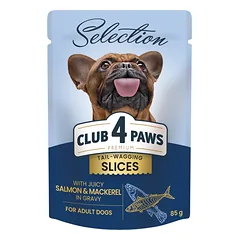 CLUB 4 PAWS Premium plus konservuotas ėdalas suaugusiems mažų veislių šunims su lašiša ir skumbre padaže 12x85 gr