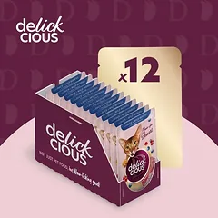 Delickcious™ dribsniai kreminiame padaže katėms – antiena ir miško uogos (konservai)