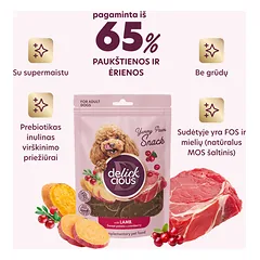 DELICKCIOUS ore džiovinti skanėstai su ėriena ir sal. bulvėmis suaugusiems šunims, 80 g — 2 nuotrauka