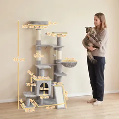 Draskyklė 152 cm su nameliu, hamaku, 3 kamuoliukais ir sizalio stulpais, katėms iki 6 kg, šviesiai pilka — 3 nuotrauka