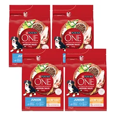 PURINA ONE Junior Medium/Maxi šuniukų maistas, turtingas vištiena ir ryžiais, 4x2,5 kg