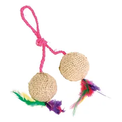 Trixie 2 Balls On A Rope kačių žaislas su džiuto kamuoliukais ir plunksnomis, ø 4.5 cm