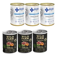 Wild Farm Monoprotein Pork 3x400g hipoalerginis maistas šunims + ENZO VET Hipoalerginė dieta su kalakutiena šunims 3x400g