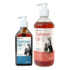 Lab-v menkių kepenų aliejus - 100% menkių kepenų aliejus šunims ir katėms 250 ml + Lašišų aliejus šunims ir katėms 500ml