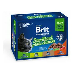 Brit Care Cat Sterilised Plate maišeliai, drėgnas maistas katėms 1020 g (12 x 100 g)