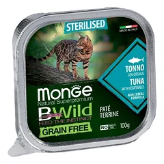 MONGE BWILD konservai katėms be grūdų sterilizuotoms katėms su tunu, 100 g