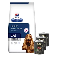 HILL'S PD Prescription Diet Canine z/d Jautrumas maistui 10kg + WILD FARM Monoprotein Beef 3x800g hipoalerginis maistas šunims