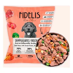 FIDELIS šaldytas BARF maistas šunims su jautiena, batatais, brokoliais ir obuoliais (400 g)