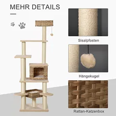 Kačių draskyklė su rotango nameliu, kelių aukštų, E1 MDF, sizalis, 55 x 55 x 174 cm, smėlio ir rudos spalvos — 5 nuotrauka