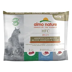 Almo Nature HFC Jelly Multipack Tunų asorti drėgnas ėdalas suaugusioms katėms, tunų asorti drebučiuose, 6×55 g
