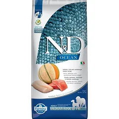 FARMINA N&D Ocean Dog Adult Medium & Maxi 12 kg su lašiša, menke, moliūgu ir kantalupos melionu + 2 x FARMINA N&D Quinoa Dental Treat Weight Management Medium/Maxi DOVANŲ!