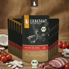Liebesgut drėgnas maistas katėms, ekologiška žąsiena su ekologiškais kokosų drožlėmis ir ekologišku pomidoru, 400 - 499 g — 2 nuotrauka