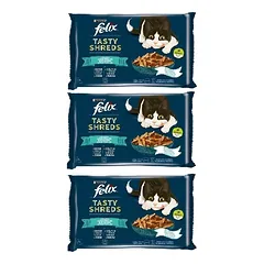 FELIX Tasty Shreds drėgnas kačių ėdalas su lašiša ir tunu padaže 12x80g (3x4x80g)