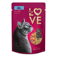 Pilnavertis konservuotas pašaras suaugusioms katėms su žuvimi padaže, MY LOVE 85g x 24