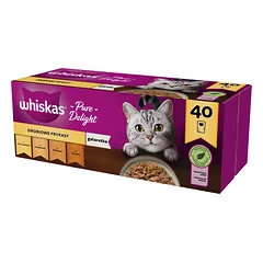 WHISKAS Adult Patiekalas 40x85g Paukštienos skoniai - drėgnas kačių maistas želė (vištiena, antis, paukštiena, kalakutiena) paketėlyje