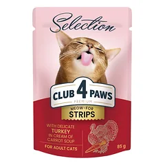 CLUB 4 PAWS Premium plus juostelės suaugusioms katėms su kalakutiena kreminėje morkų sriuboje 12x85 gr