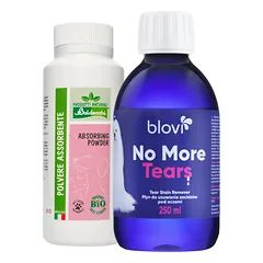 Baldecchi Absorbuojantys Milteliai 90g + Blovi No More Tears - rinkinys ašarų dėmių ir kailio spalvos pakitimų mažinimui