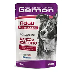 Gemon Dog All Breeds Adult Chunkies su jautiena ir kumpiu, drėgnas maistas šunims 100 g parduotuvėje grandwoof.lt