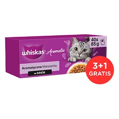 WHISKAS Suaugusiųjų Aromatinė Mišrainė pakeliai 120x85 g drėgnas maistas visaverčiam suaugusių kačių maistui padaže su glazūruota kiauliena ir morkomis, sultingu vištiena, su vandenynų žuvies gabaliukais sultinyje, švelniu lašiša ir žirniais + 40