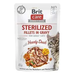 Brit Care Sterilized Fillets in Gravy Hearty Duck drėgnas maistas sterilizuotoms katėms, 85 g