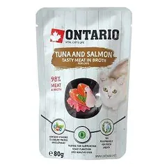 Konservuotas kačių ėdalas - Ontario Pouch tunas ir lašiša sultinyje, 80 g