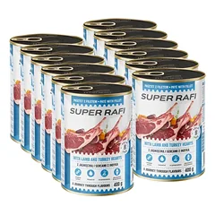 Super Rafi šlapias šunų maistas su ėriena ir kalakutų širdelėmis, 12x400 g