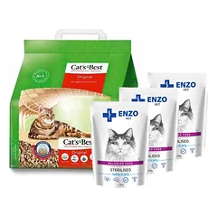 JRS Cats Best Eko Plus - Agregatinis medinis kraikas 5l / 2,1kg + ENZO VET Sterilizuota dieta sterilizuotoms katėms su kalakutiena želė 3x100g