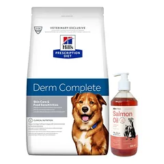 HILL'S PD Prescription Diet Canine Derm Complete 1,5 kg + LAB V Lašišų aliejus šunims ir katėms 500ml