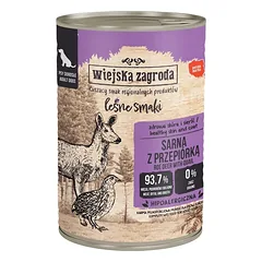 WIEJSKA ZAGRODA Miško skoniai Elnias su putpelėmis šlapias šunų maistas 24x400 g