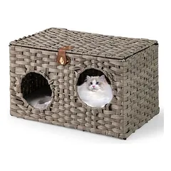GIANTEX Zusammenklappbares Katzenhaus Aus Rattan Mit Weichem Kissen