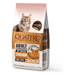 QUATTRO visavertis sausas pašaras suaugusioms sterilizuotoms katėms su vištiena (nuo 1 metų amžiaus, begrūdis), 1,5 kg