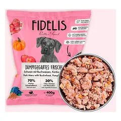 FIDELIS šaldytas BARF maistas šunims su kiauliena, moliūgais, morkomis ir mėlynėmis (400 g)