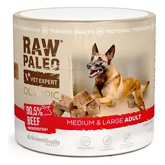 RAW PALEO Olympic Beef Medium Large 90g jautiena, hipoalerginis monoproteininis treniruočių skanėstas šunims