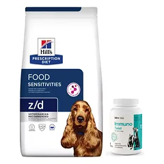 HILL'S PD Prescription Diet Canine z/d Jautrumas maistui 10kg + Lab-v Immuno Twist - natūralus imuniteto ir gyvybingumo palaikymas šunims ir katėms 60 susukamų kapsulių