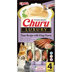INABA Churu Cat Luxury kreminis skanėstas katėms su tuniku ir tigrinėmis krevetėmis, 4 x 14 g