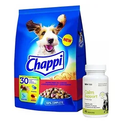 CHAPPI 9kg - sausas maistas šunims su jautiena, paukštiena ir daržovėmis + LAB-V Calm Support - streso ir elgesio sutrikimų simptomų palaikymas 45 kapsulės