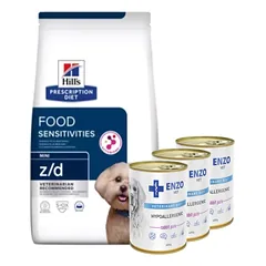 HILL'S PD Prescription Diet Canine z/d Food Sensitivities Mini 1kg + ENZO VET Hipoalerginė dieta su triušiena šunims 3x400g