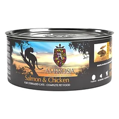 AMBROSIA Sterilized&Light, Senior Salmon & Chicken konservai katėms be grūdų, 150g