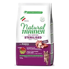 Natural Trainer Cat Adult Sterilised Duck visavertis sausas maistas sterilizuotoms suaugusioms katėms nuo 1 metų amžiaus, 1,5 kg