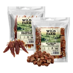 WILD FARM ėrienos ir menkės kubeliai minkšti 500g + anties krūtinėlės filė ant pagaliuko 500g skanėstai šunims